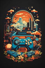 Vintage-inspired, retro gaming theme.with black background
