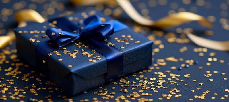 Navy blue and gold gift box with satin ribbon on black background for special occasions
