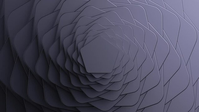Abstract minimalist black background. Flat geometric pentagon shapes spin and rotate. View from above. Cycled 3d animation