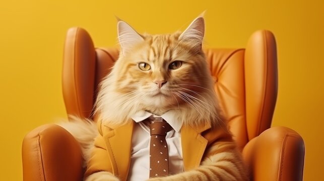Anthropomorphic cat in business suit working in corporate office, studio shot with copy space