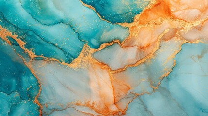 Fototapeta premium Luxurious blue, orange, and gold marble ink abstract art background in alcohol ink technique