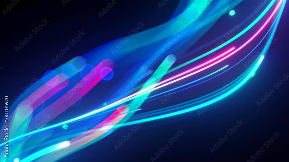 Poster looping 3d animation. abstract pink blue neon background with unfocussed glowing wavy lines and boke