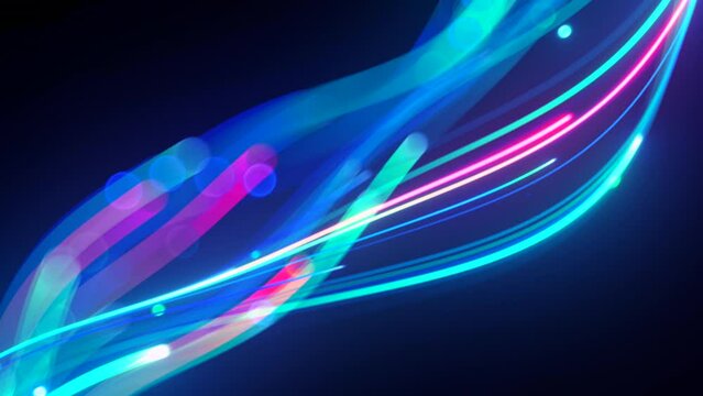 looping 3d animation. Abstract pink blue neon background with unfocussed glowing wavy lines and bokeh lights. Equalizer sound wave chart