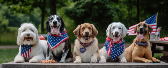 Dogs at a forth of july picnic generative AI illustration