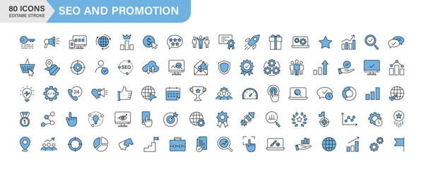 SEO and Promotion dual tone icons collection. Big UI icon set. outline icons pack. Vector illustration. - obrazy, fototapety, plakaty