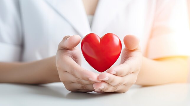 Woman doctor hands holding red heart on wide white background donate for hospital care concept. Panoramic world heart day and world health day, CSR community. copy space - generative ai
