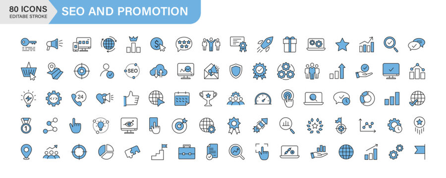 SEO and Promotion dual tone icons collection. Big UI icon set. outline icons pack. Vector illustration.
