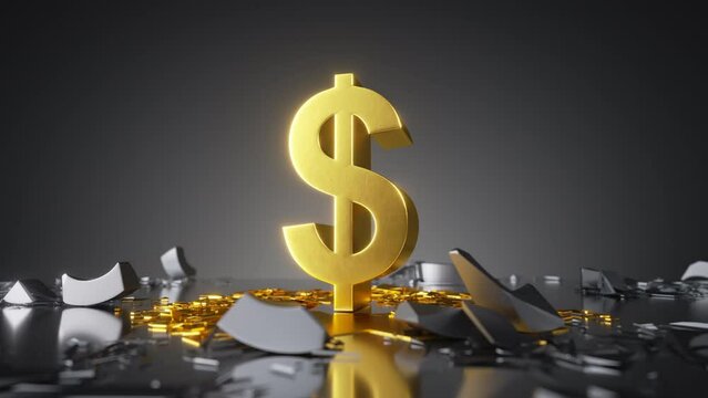 3d animation. Abstract financial background, gold dollar symbol falls down, broken obstacles fly apart, currency exchange rate concept. Business metaphor