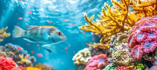 Fototapeta na wymiar Clown goby fish swimming among colorful corals in a saltwater aquarium environment