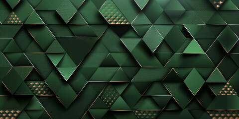 Long panoramic dark green abstract background banner with 3D geometric triangular gradient shapes for website, business, or print design template. Metallic metal paper pattern illustration wall.