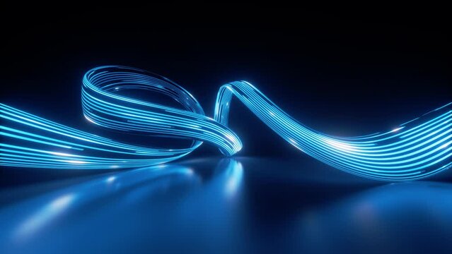 Abstract blue neon background. Light pulses stream along the curvy line leaving glowing trails. Looped 3d motion
