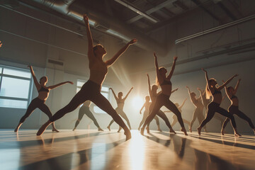 Contemporary Dance in a Studio, modern dance by a group of elegant women choreographed against the backlighting of windows - obrazy, fototapety, plakaty
