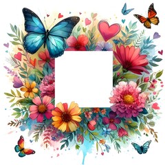 Thick watercolor splash background with an empty square in the middle, a butterfly, a heart, and a flower.