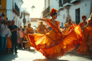 Spanish Flamenco Dance, urban spectacle of Andalusian women lifting their orange skirts for the show of people enjoying - obrazy, fototapety, plakaty