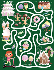 Colorful Urban-themed maze game with a cute girl on a scooter. Vector illustration