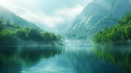 Papier Peint photo Réflexion Digital detox, Tranquil green forest reflecting on a calm lake with rays of sunlight piercing through the mist.