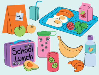 Vector illustration of school lunch setup. lunch box, container, tray with assorted meals, paper bag. Sandwich, fruits, milk, juice, soda. Isolated elements for design templates, healthy food concept