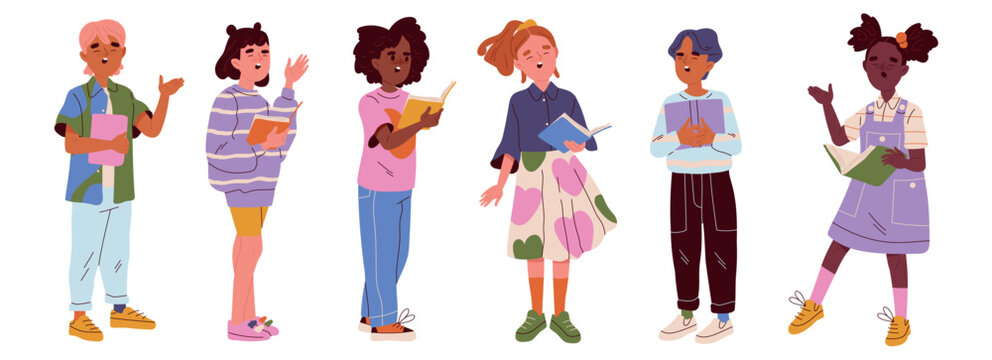 Adorable kids singing in unison, forming a diverse choir from a music school. Flat vector illustrations of talented boys and girls showcasing their vocal skills, isolated on a white background
