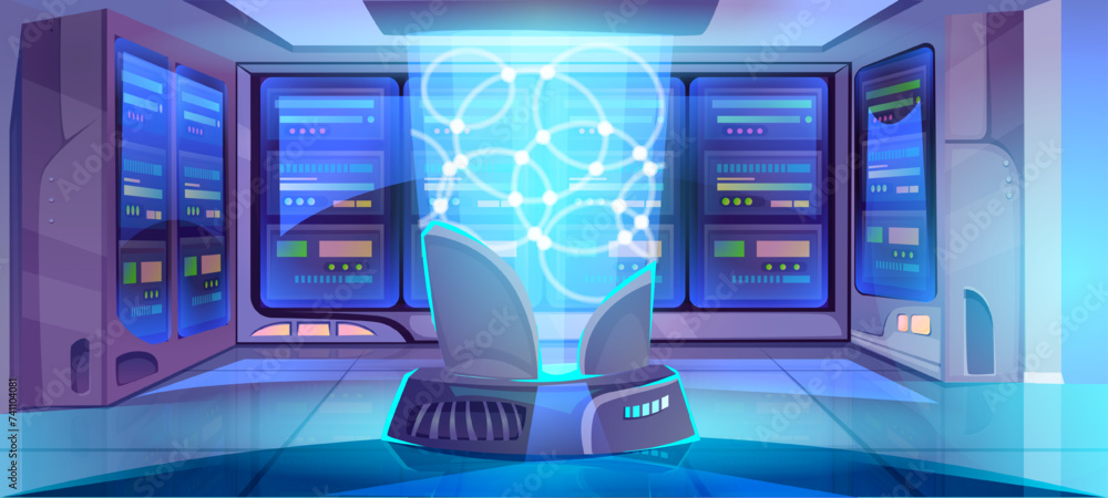 Poster cartoon-style vector depiction of a futuristic data center interior with server hardware and hologra