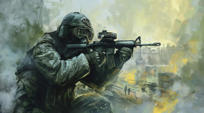 Artwork a soldier holding a weapon, aiming to the enemy