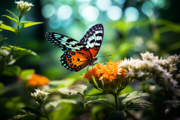 Fototapeta na wymiar Macro shot of a butterfly on a flower, blurred greenery.