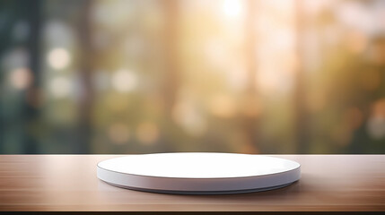 Empty wood  table over blur background for product display montage, mock up,