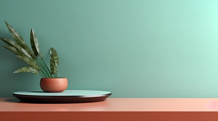 Empty wood table top and green wall for product display mock up background, template
