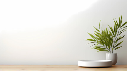 Empty wood table top and white wall for product display mock up background, template
