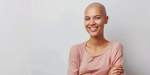 Young, confident bald black woman is smiling. Oncology, cancer woman. Pretty girl without hair on her head. Banner mockup wall with negative space. Inclusive concept. Personal choice, bravery.