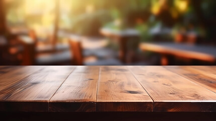 Empty wood  table over blur background for product display montage, mock up
