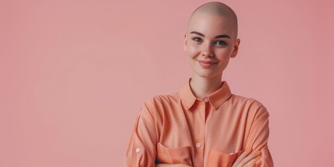 Young, confident bald woman is smiling. Oncology, cancer woman. Pretty girl without hair on her head on a pink background. Inclusive concept. Personal choice, bravery.