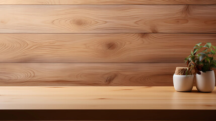 Empty wood table top and wood wall for product display mock up background, template