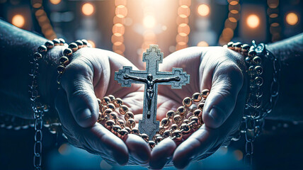 Unrecognizable adult male hands holding a Christian rosary with Jesus Christ's cross in a religious sanctuary.