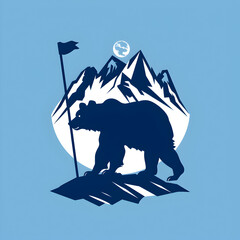 A logo illustration of a bear with walking stick in the mountains on blue background.