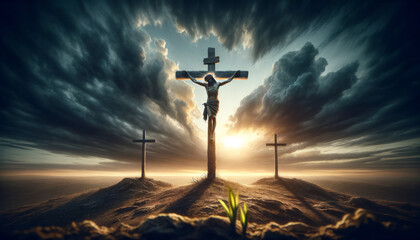 Crucifixion of Jesus with dramatic clouds and a sunrise, symbolizing hope and resurrection.