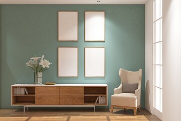 Scandinavian of interior library  with frame mock up on the wall. Design 3d rendering of white and wood. Design print for illustration, presentation, mock up, interior, zoom, background. Set 8