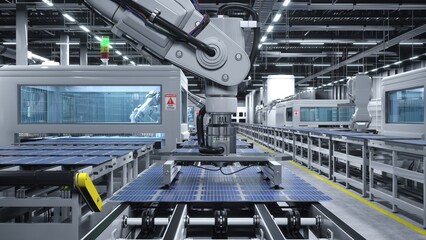 Industrialized solar panel warehouse with robotic arms placing photovoltaic modules on automatic assembly lines, 3D rendering. Manufacturing facility producing PV cells for green technology industry