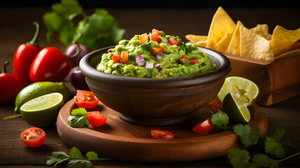 Vibrant, Fresh and Flavorful Guacamole Preparation Scene on Rustic Wooden Background