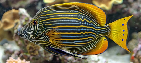 Surgeonfish swim among vivid corals in saltwater aquarium, creating captivating underwater display.