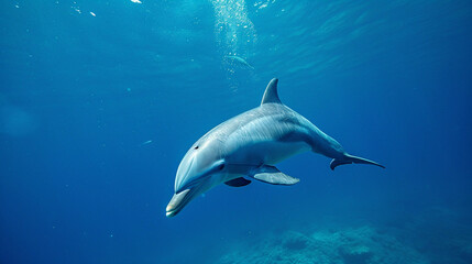 Dolphin swimming with divers in the Red Sea. Generative Ai