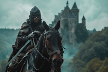 Medieval Knight on a Horse Outside with Castle - obrazy, fototapety, plakaty