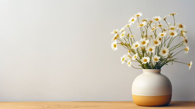 Wooden table with clay vase with bouquet of chamomile flowers near empty wall. Home interior background with copy space for text.