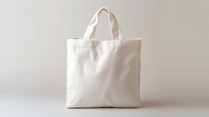 A mock up of a plain white tote bag on a wooden background, hanging against a neutral wall
