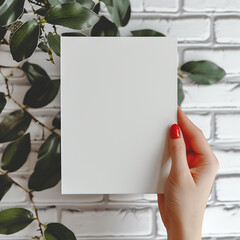 A womans hand with red sparkly nails holding a blank white card against a white brick wall with...