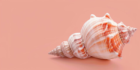 Coral pink banner with a seashell on the side with space for copy space.