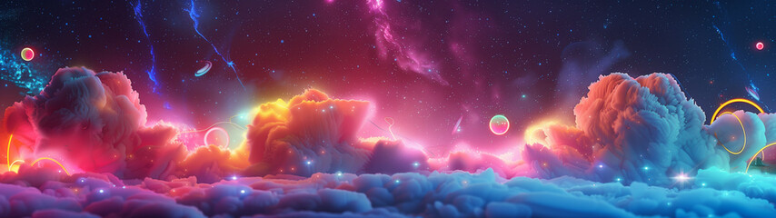 Cosmic Dreamscape with Nebulous Clouds and Planetary Rings - obrazy, fototapety, plakaty