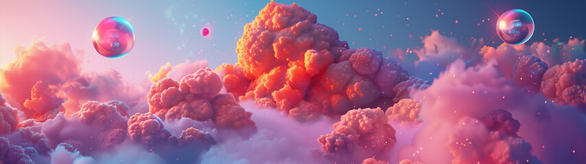 Surreal Skyscape with Reflective Bubbles and Cosmic Glow - obrazy, fototapety, plakaty