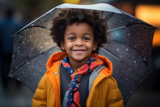 boy with umbrella on rainy day