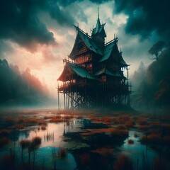 A lost wizard cabin hanging over a bog.
 - obrazy, fototapety, plakaty