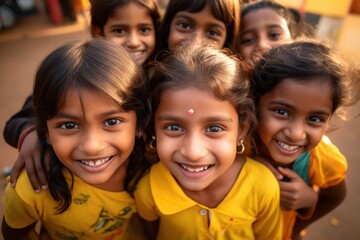 Group of cheerful and happy Indian children on yellow background.